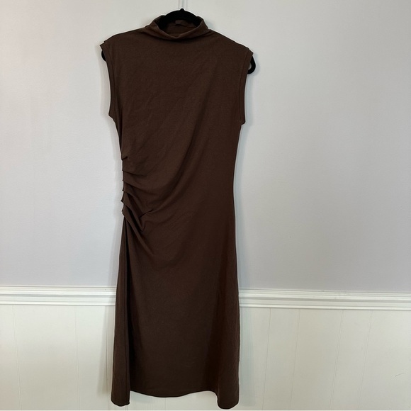 OGL Women’s Mockneck Tucks Midi-Dress Cap Sleeve in Hazelnut Coco Sz L NWT - Picture 2 of 10